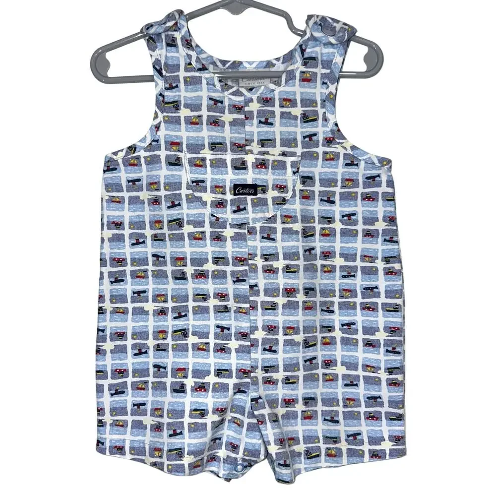 Vintage Carters Baby Blue Nautical Boat Ship Submarine Overall Romper 12-18M